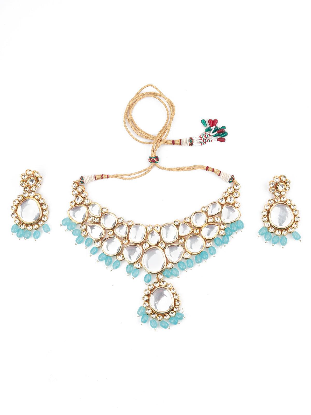 Women's Authentic Heavy Semiprecious Blue Kundan & Enameled Necklace With Earrings! - Odette