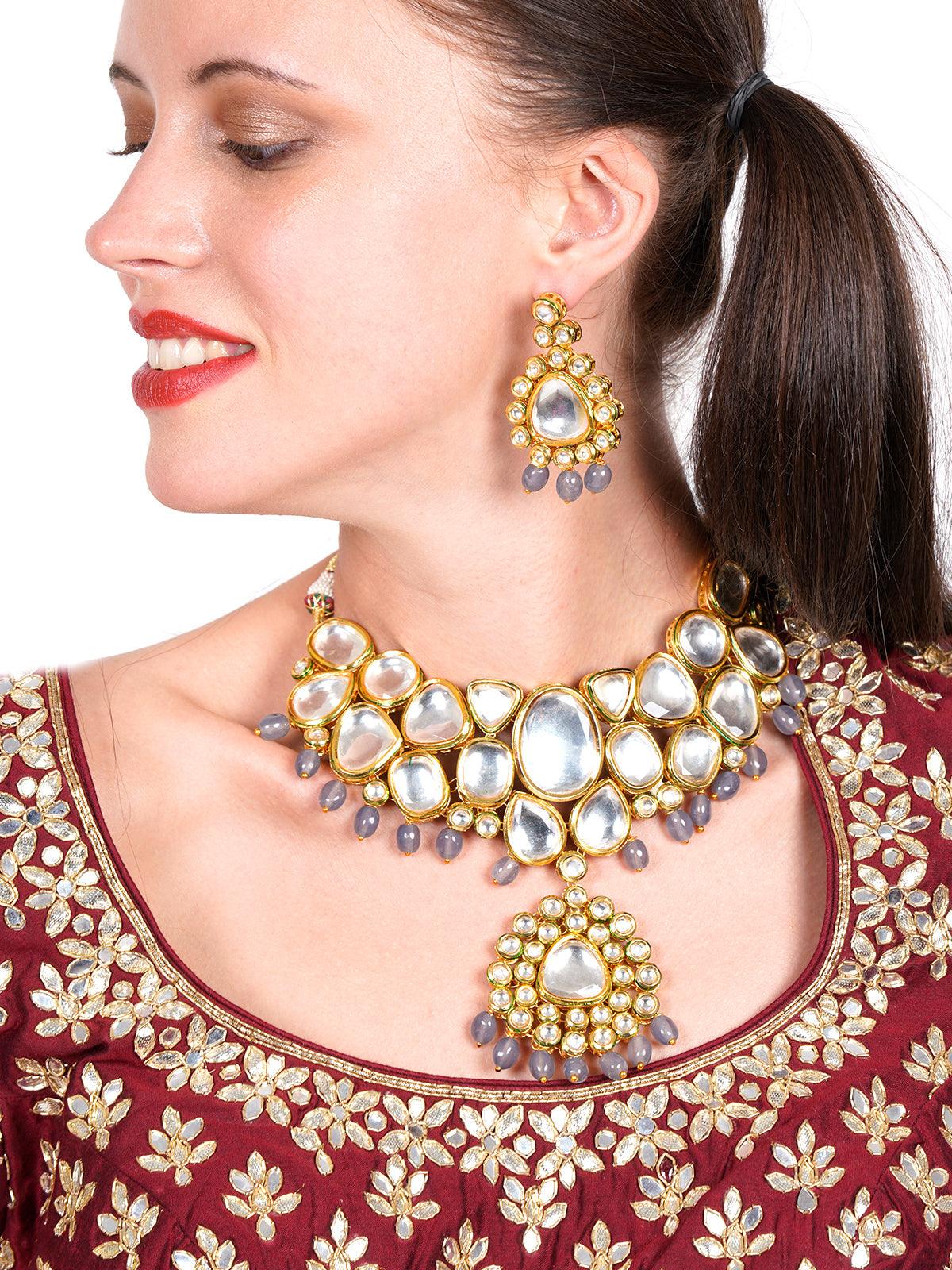 Women's Authentic Heavy Semiprecious Grey Kundan & Enameled Necklace With Earrings! - Odette