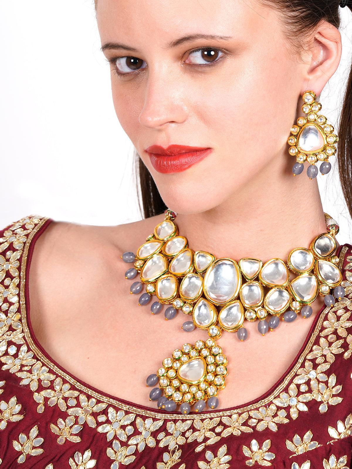 Women's Authentic Heavy Semiprecious Grey Kundan & Enameled Necklace With Earrings! - Odette