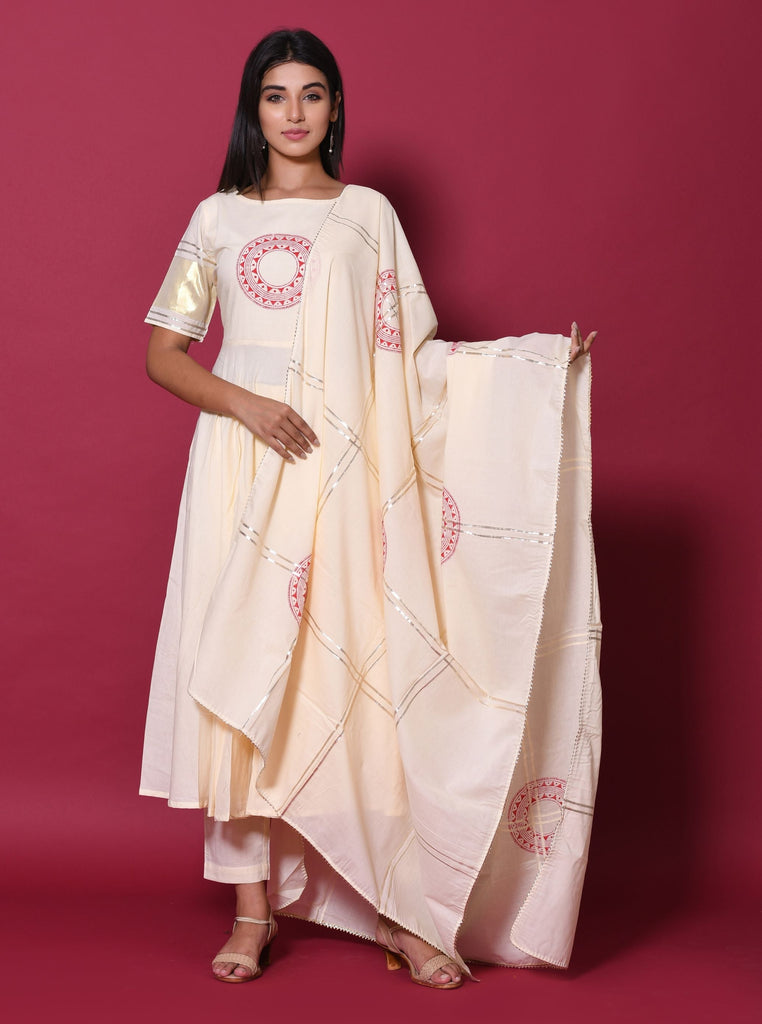 Women's Beige Hand Block Printed Kurta Set