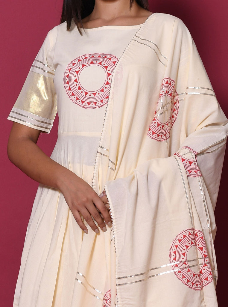 Women's Beige Hand Block Printed Kurta Set