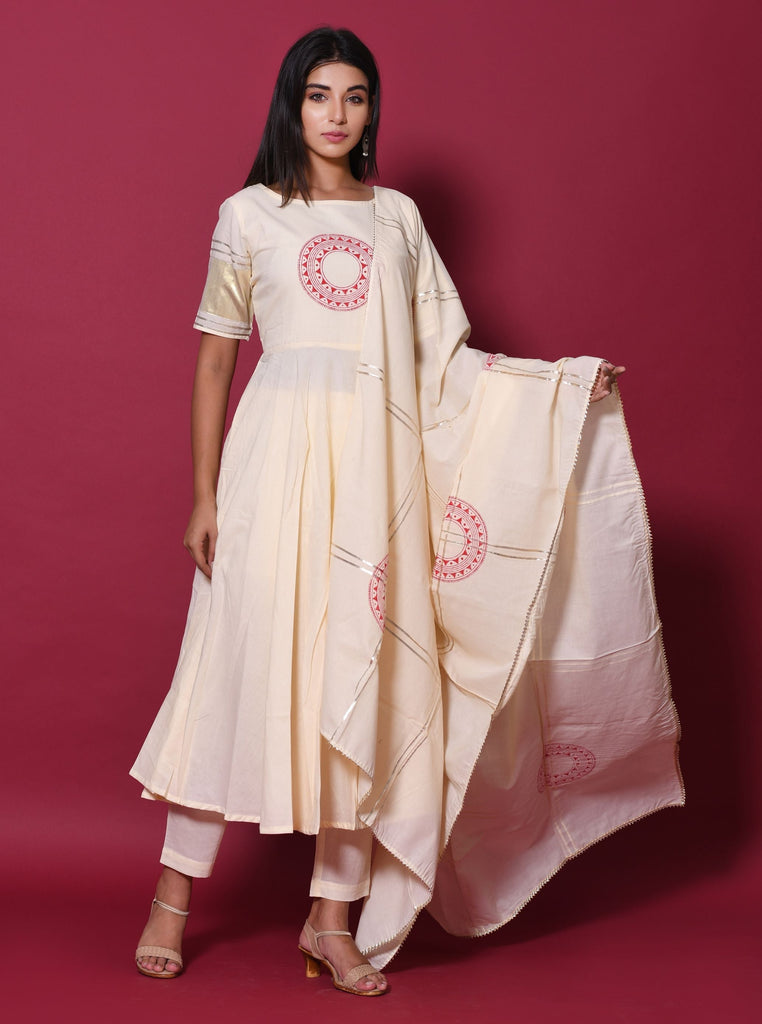 Women's Beige Hand Block Printed Kurta Set