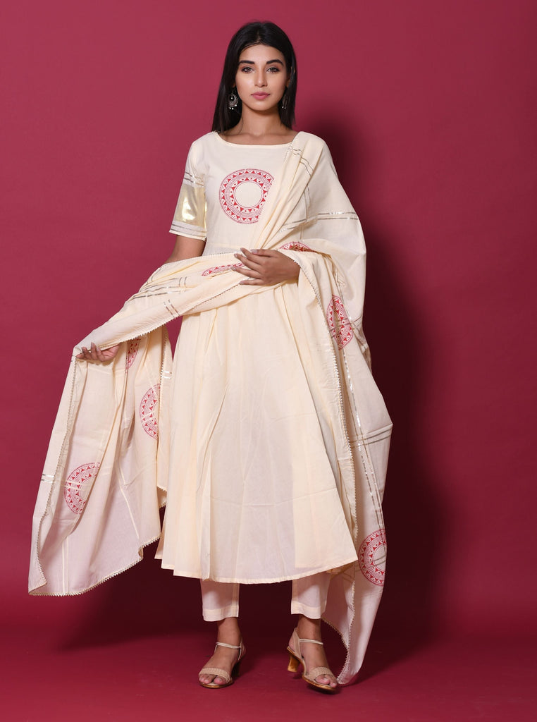 Women's Beige Hand Block Printed Kurta Set