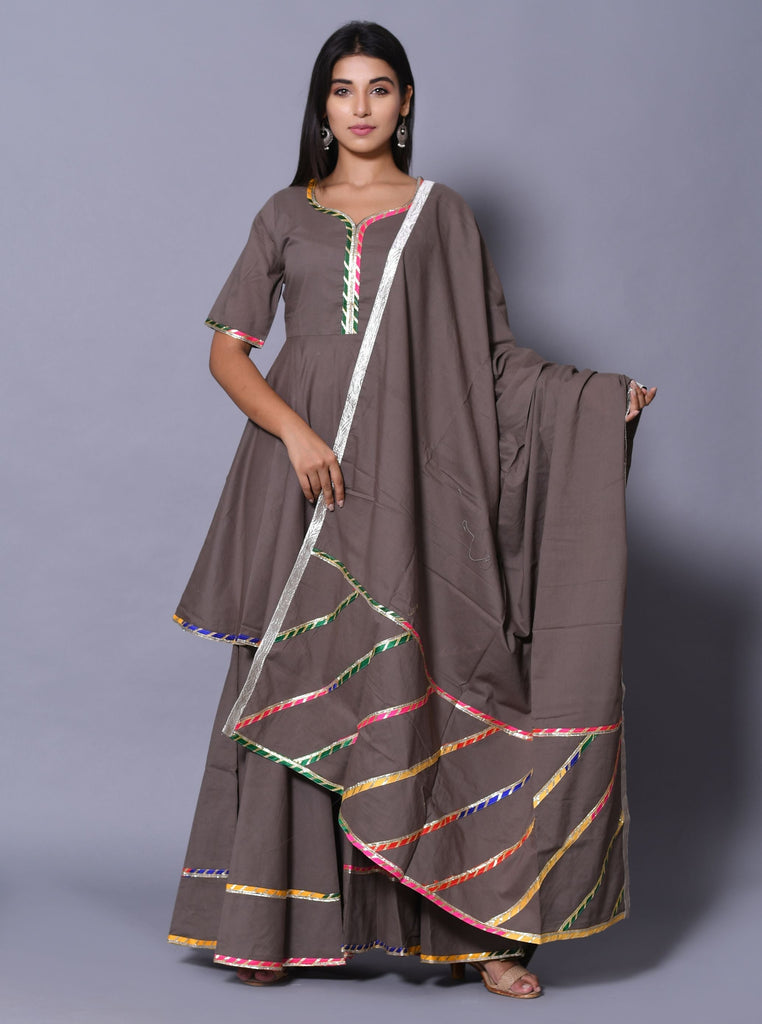 Women's Grey Hand Block Printed Peplum Top & Skirt Set