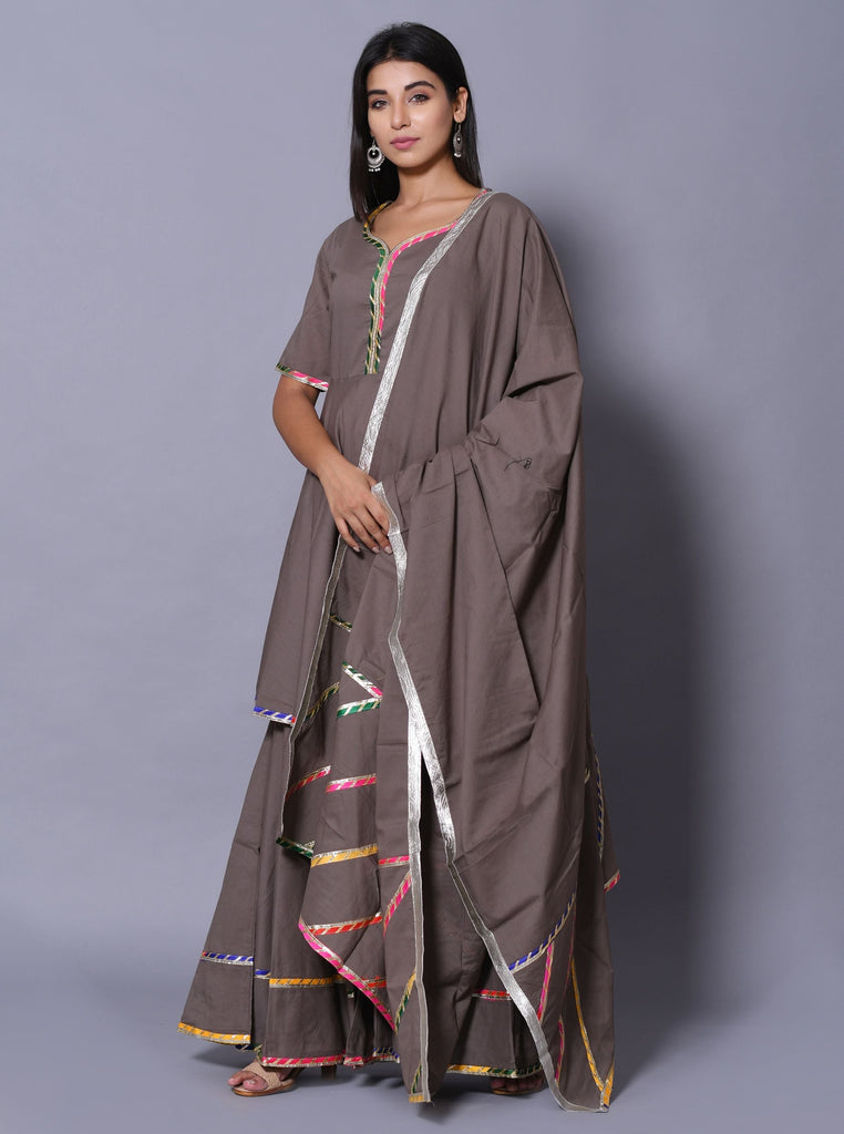 Women's Grey Hand Block Printed Peplum Top & Skirt Set