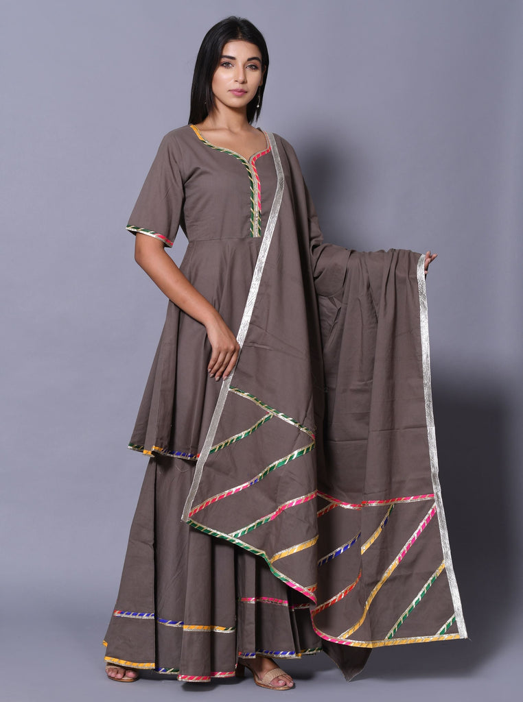 Women's Grey Hand Block Printed Peplum Top & Skirt Set