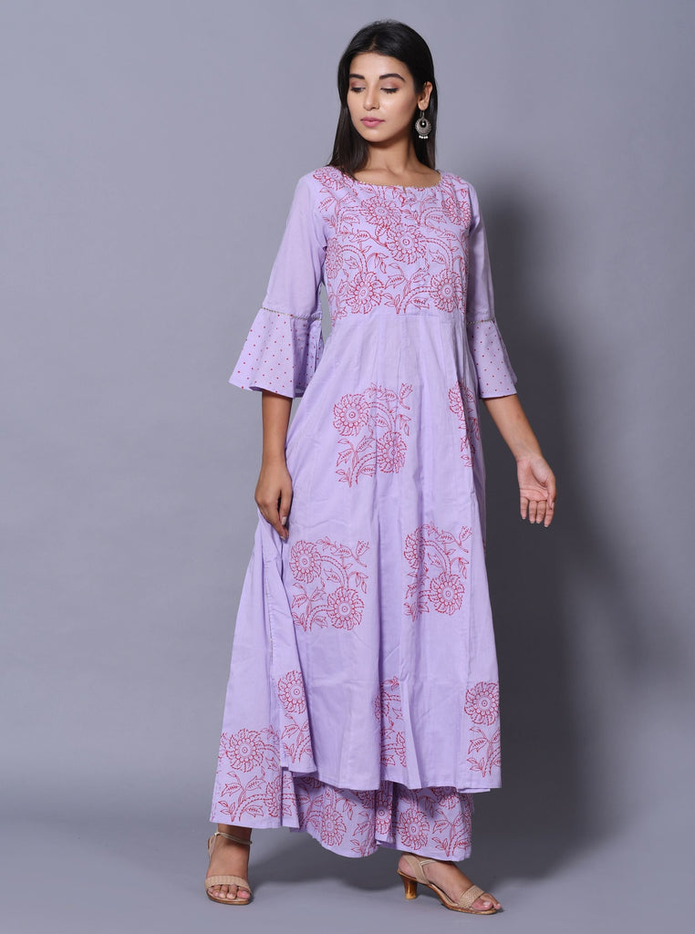 Women's Purple Cotton Boat Neck Kurta Palazzo Set (2Pc Set)