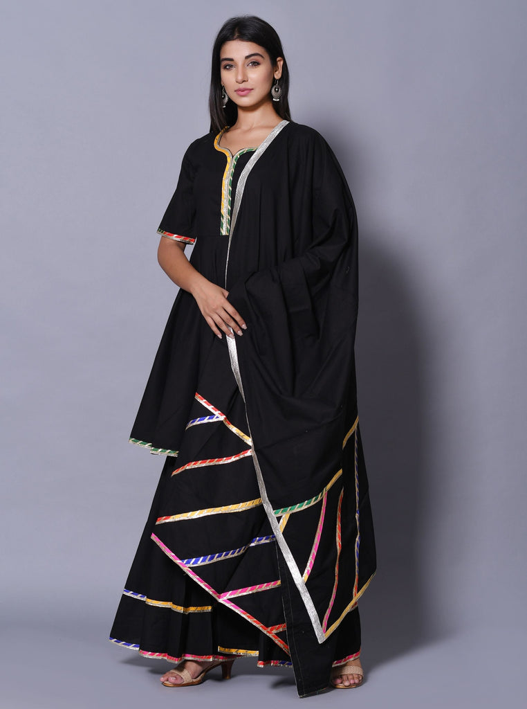 Women's Black Hand Block Printed Peplum Top & Skirt Set