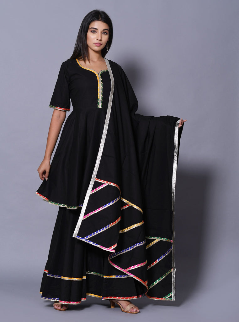 Women's Black Hand Block Printed Peplum Top & Skirt Set