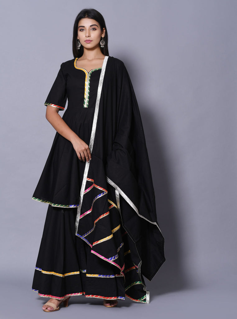 Women's Black Hand Block Printed Peplum Top & Skirt Set