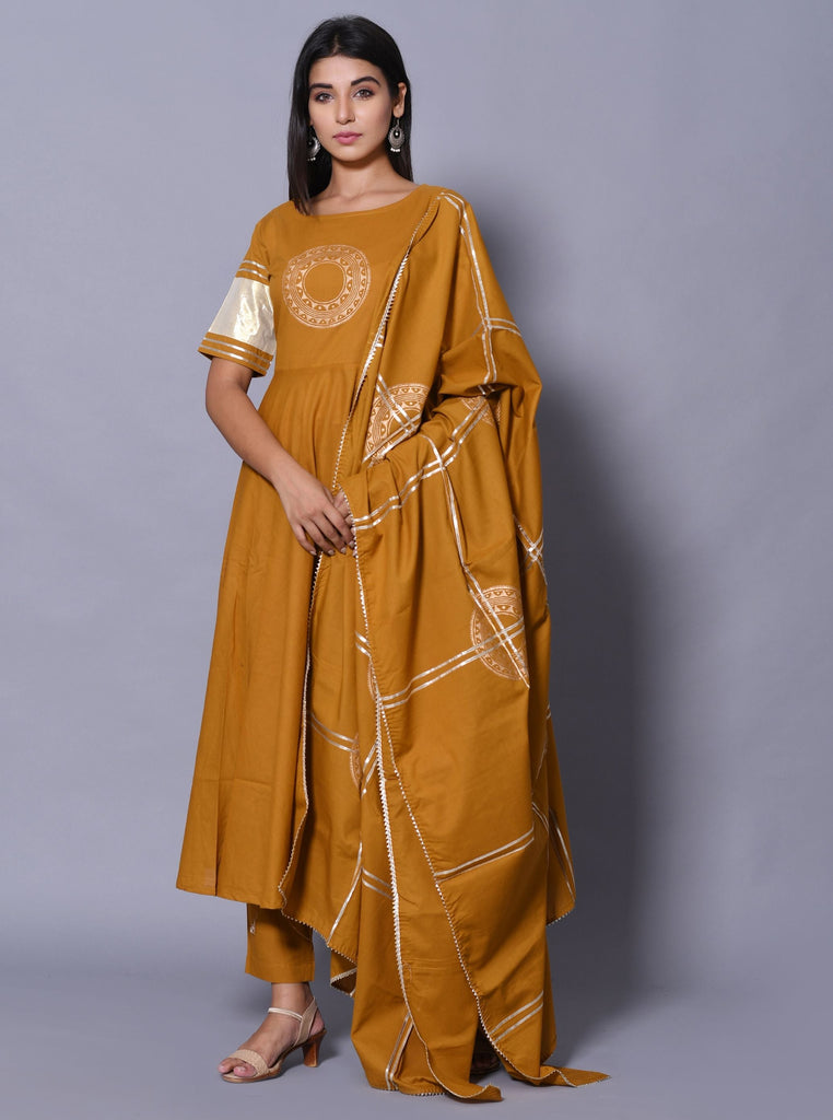 Women's Mustard Hand Block Printed Kurta Set