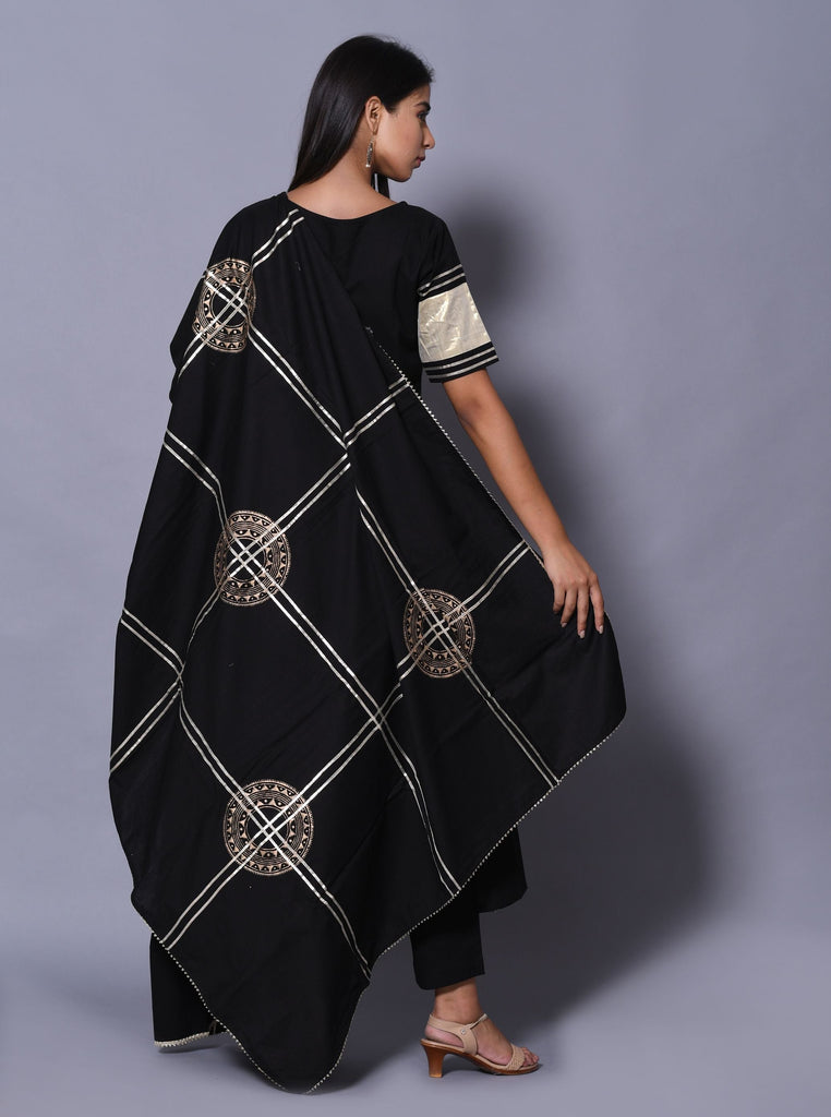Women's Black Hand Block Printed Kurta Set