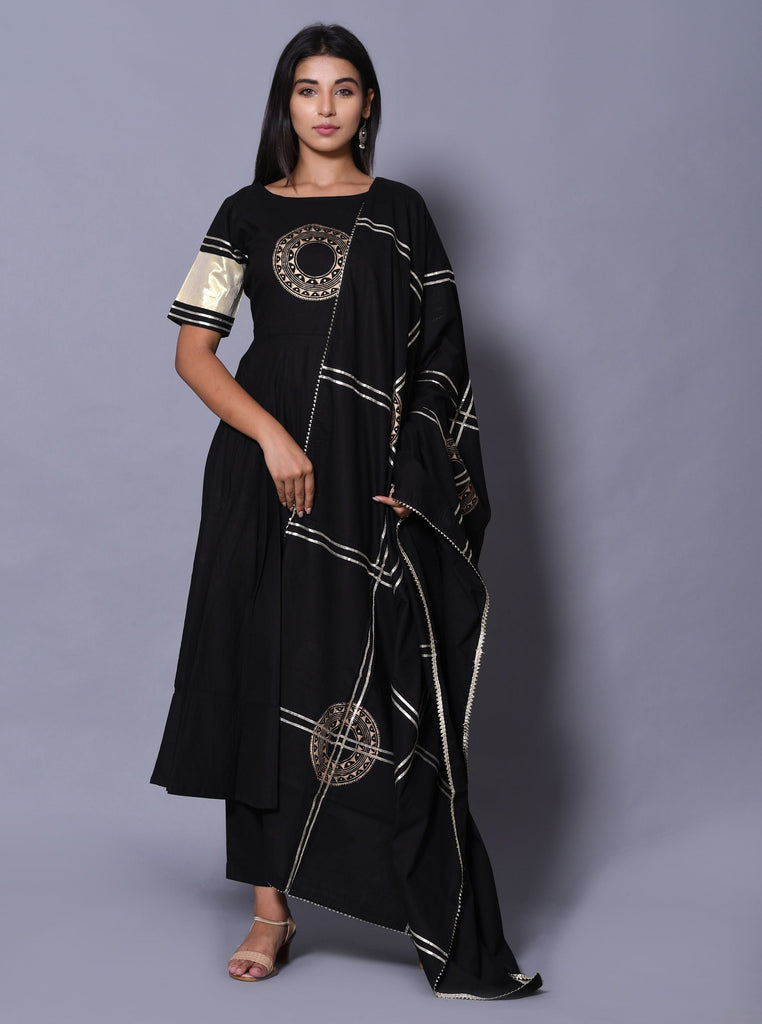 Women's Black Hand Block Printed Kurta Set