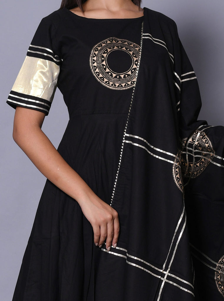 Women's Black Hand Block Printed Kurta Set