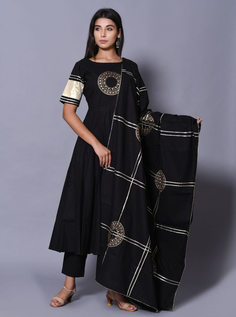 Women's Black Hand Block Printed Kurta Set