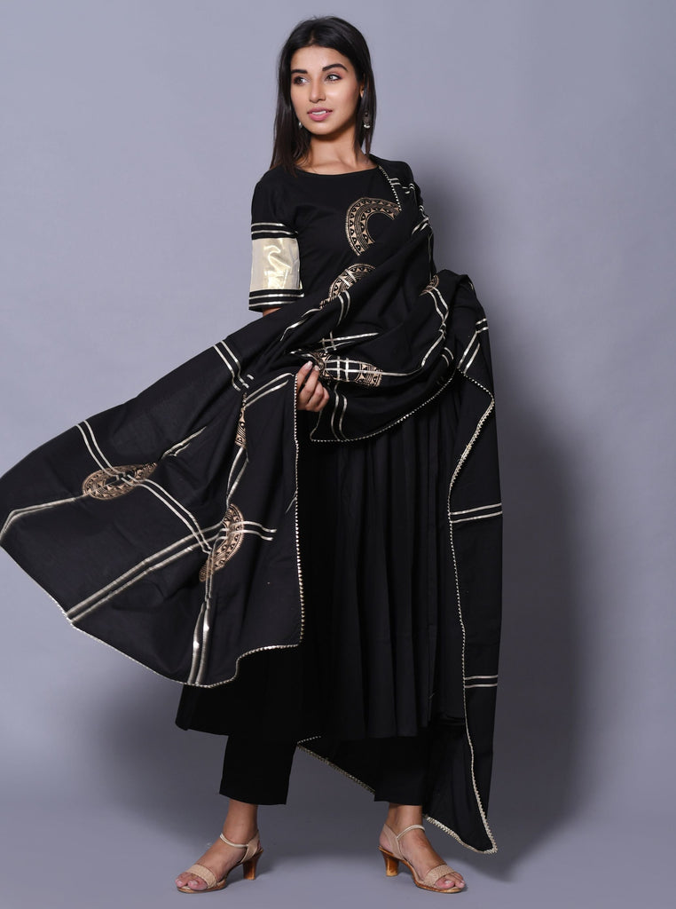 Women's Black Hand Block Printed Kurta Set
