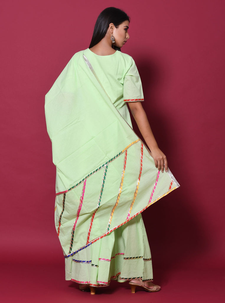 Women's Pista Green Hand Block Printed Peplum Top & Skirt Set