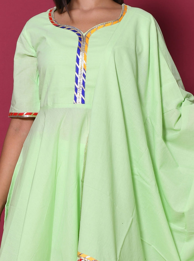 Women's Pista Green Hand Block Printed Peplum Top & Skirt Set