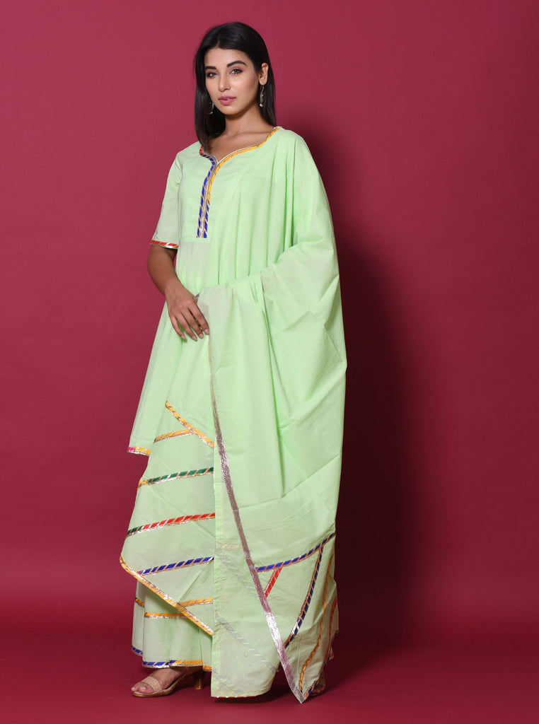 Women's Pista Green Hand Block Printed Peplum Top & Skirt Set