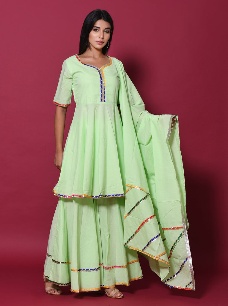 Women's Pista Green Hand Block Printed Peplum Top & Skirt Set