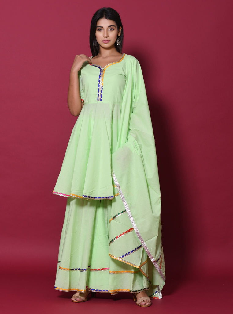 Women's Pista Green Hand Block Printed Peplum Top & Skirt Set