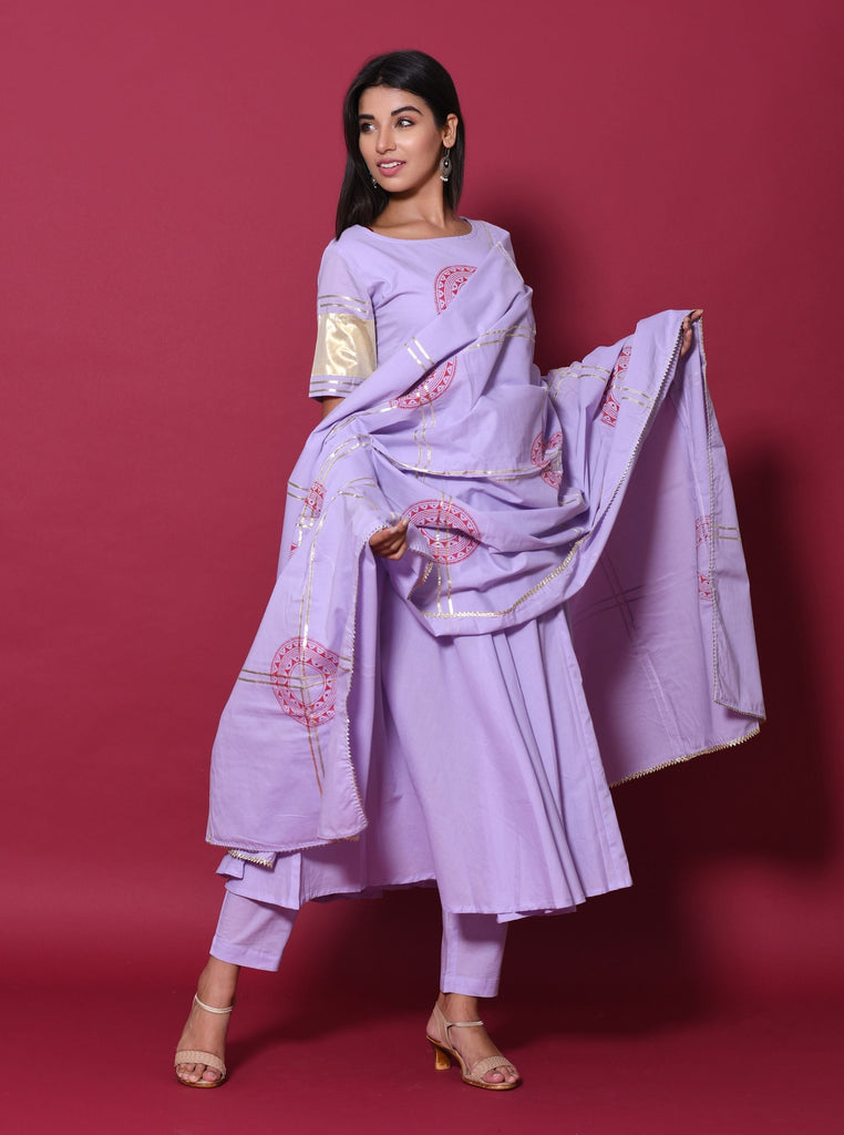 Women's Purple Hand Block Printed Kurta Set