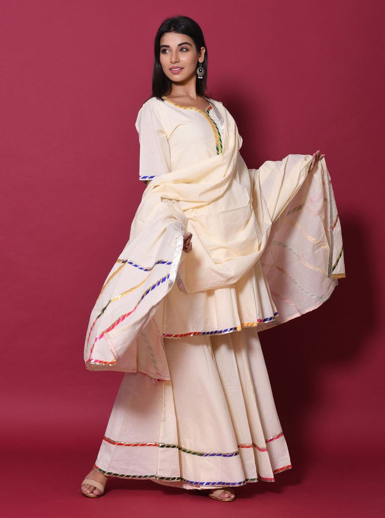 Women's Beige Hand Block Printed Peplum Top & Skirt Set