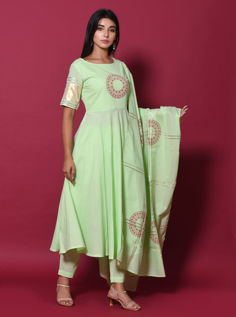 Women's Pista Green Hand Block Printed Kurta Set