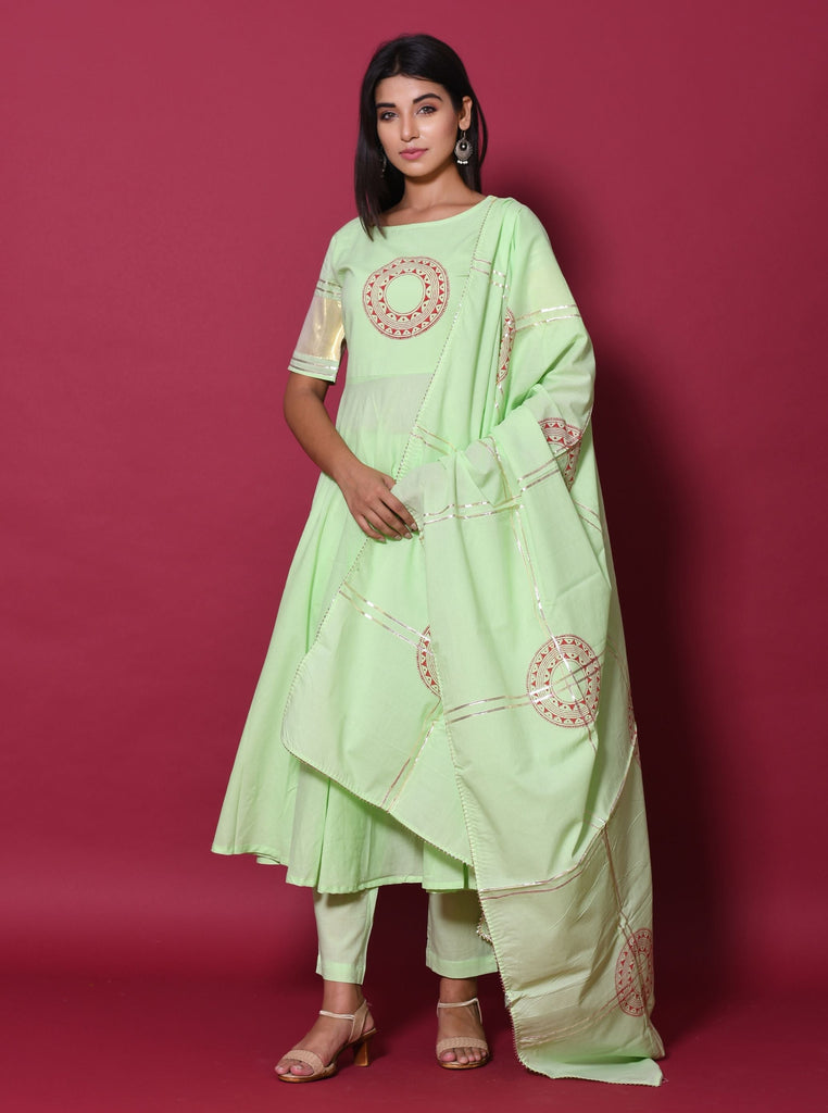 Women's Pista Green Hand Block Printed Kurta Set
