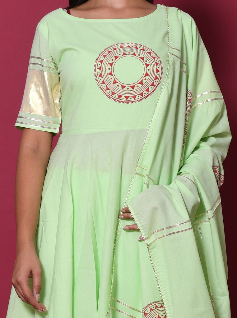 Women's Pista Green Hand Block Printed Kurta Set
