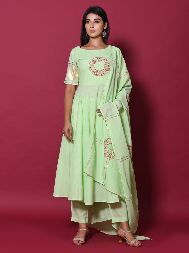 Women's Pista Green Hand Block Printed Kurta Set