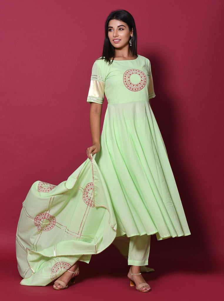 Women's Pista Green Hand Block Printed Kurta Set