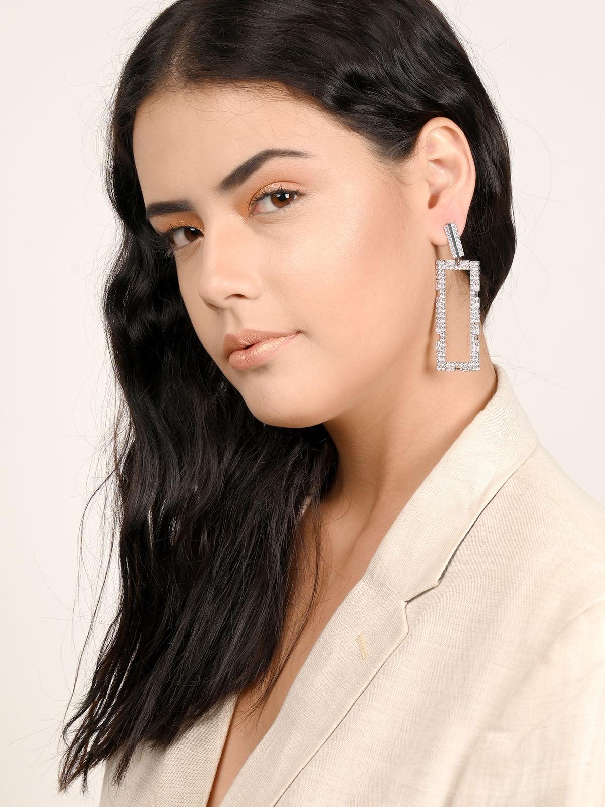 Women's Avyayas Rectangular White Rhinestone Earrings - Odette