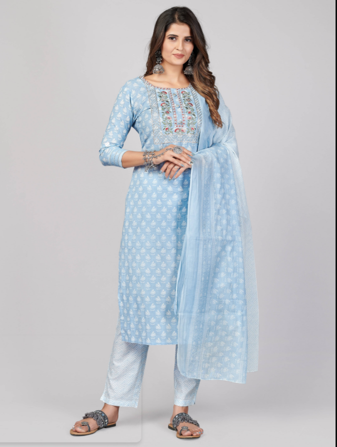 Women's Printed & Embroidered Straight Cotton Sky Blue Stitched Kurta Pant With Dupatta (3Pcs Set) - Vbuyz