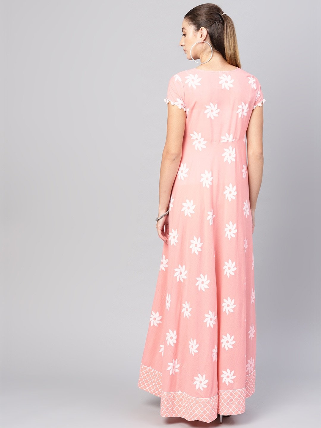 Women's  Peach-Coloured & White Floral Khari Print Maxi Dress - AKS