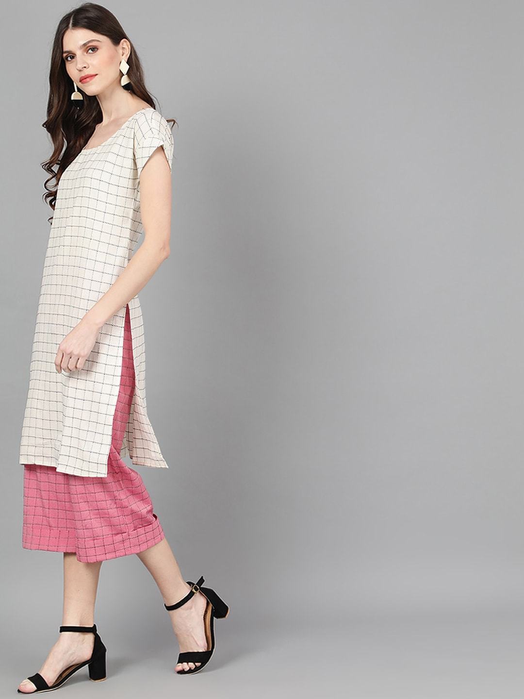 Women's  White & Pink Woven Design Kurta with Palazzos - AKS