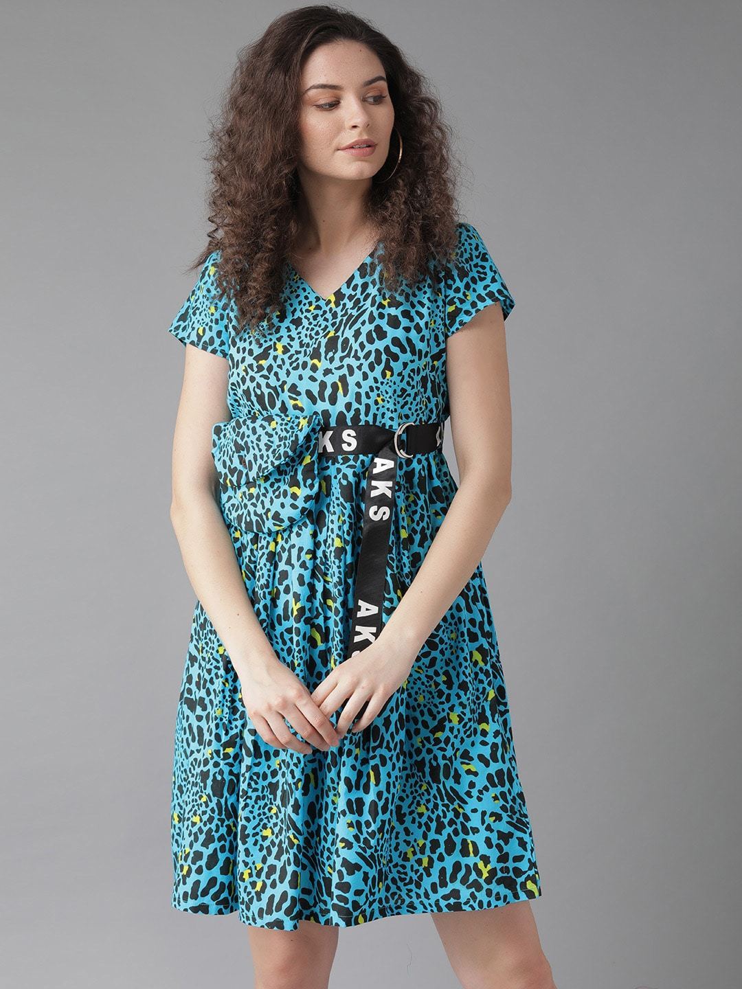Women's  Blue & Black Leopard Print A-Line Dress with Pouch - AKS