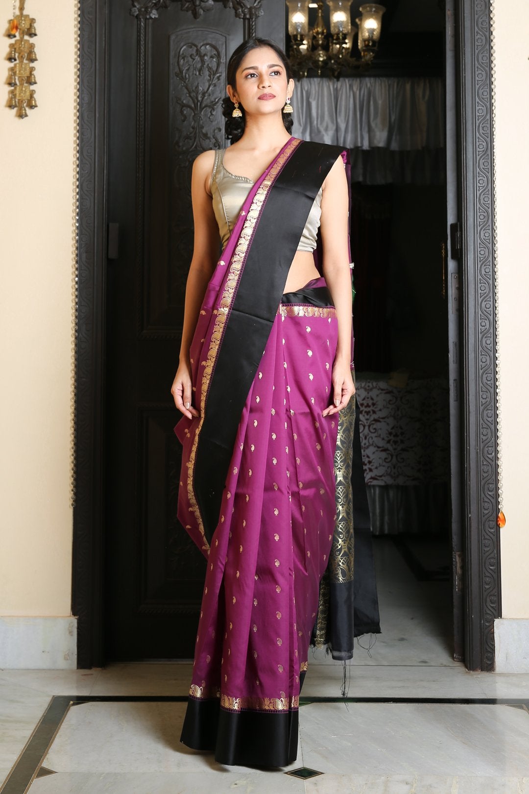 Women's Purple Semi Garad Silk Saree With Black Border - In Weave Sarees