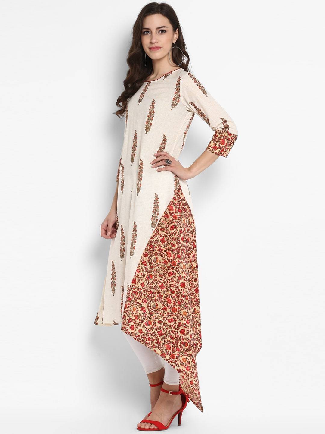 Women's Off-White & Red Floral Printed A-Line Kurta - Meeranshi