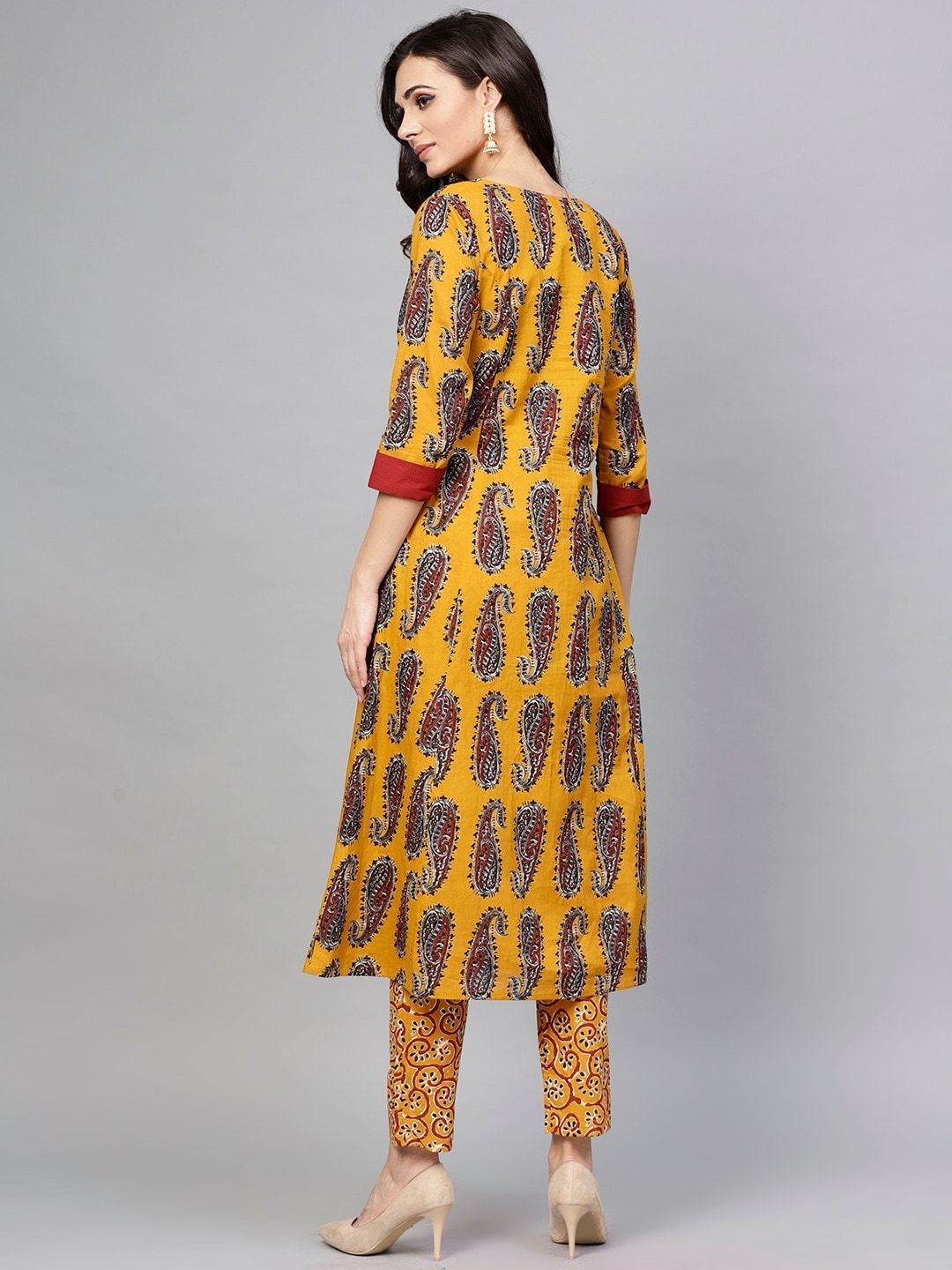 Women's  Mustard Yellow & Maroon Printed Kurta with Trousers - AKS