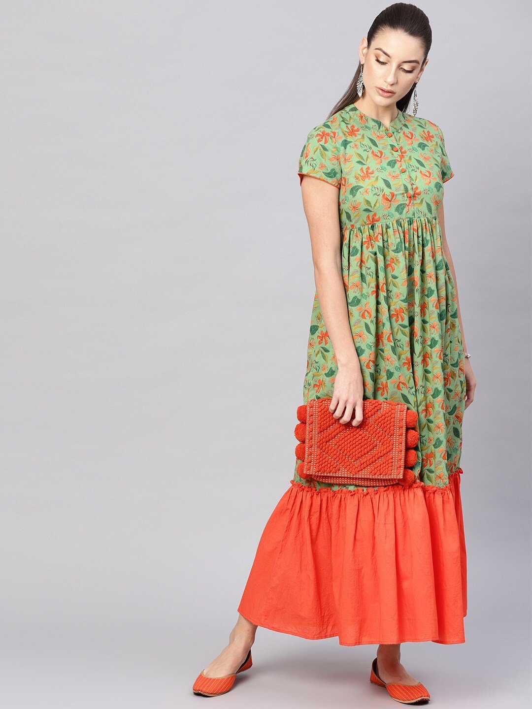 Women's  Green & Orange Floral Printed Maxi Dress - AKS