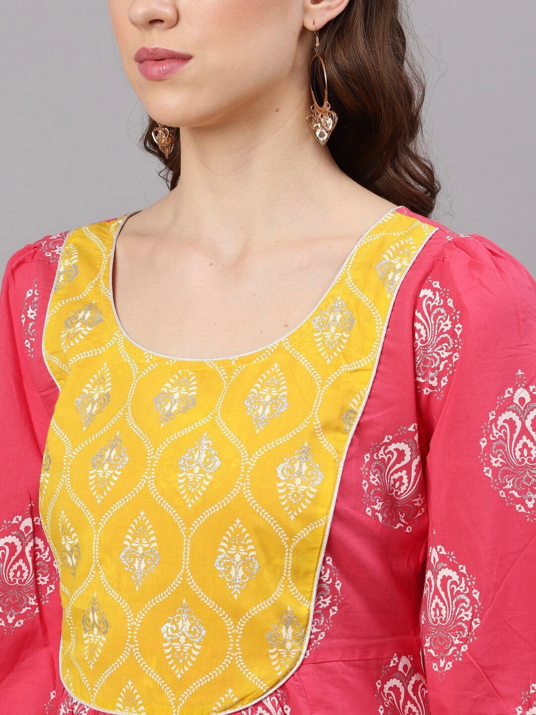 Women's  Pink & Yellow Yoke Design Anarkali Kurta - AKS