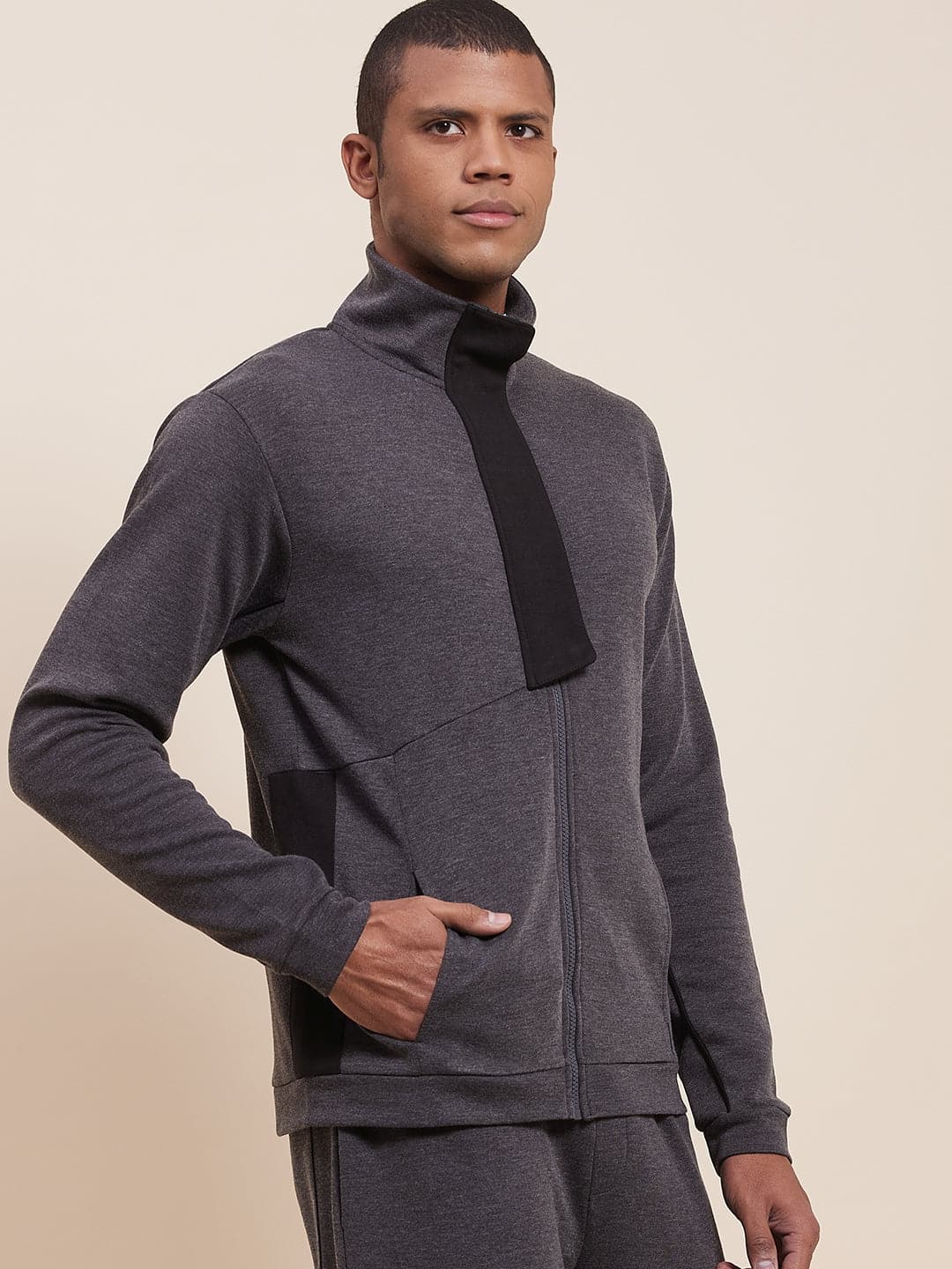 Men's Grey Melange High Neck Contrast Flap Jacket - LYUSH-MASCLN