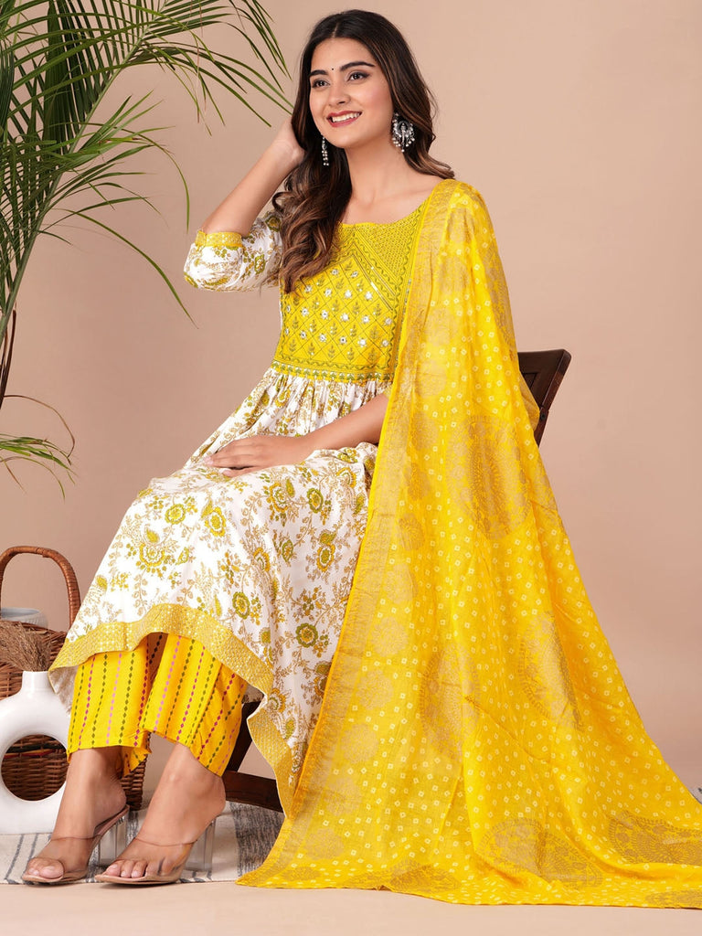 Women's Ethnic Motif Printed Thread Work Pleated Straight Kurta With Trousers & Dupatta