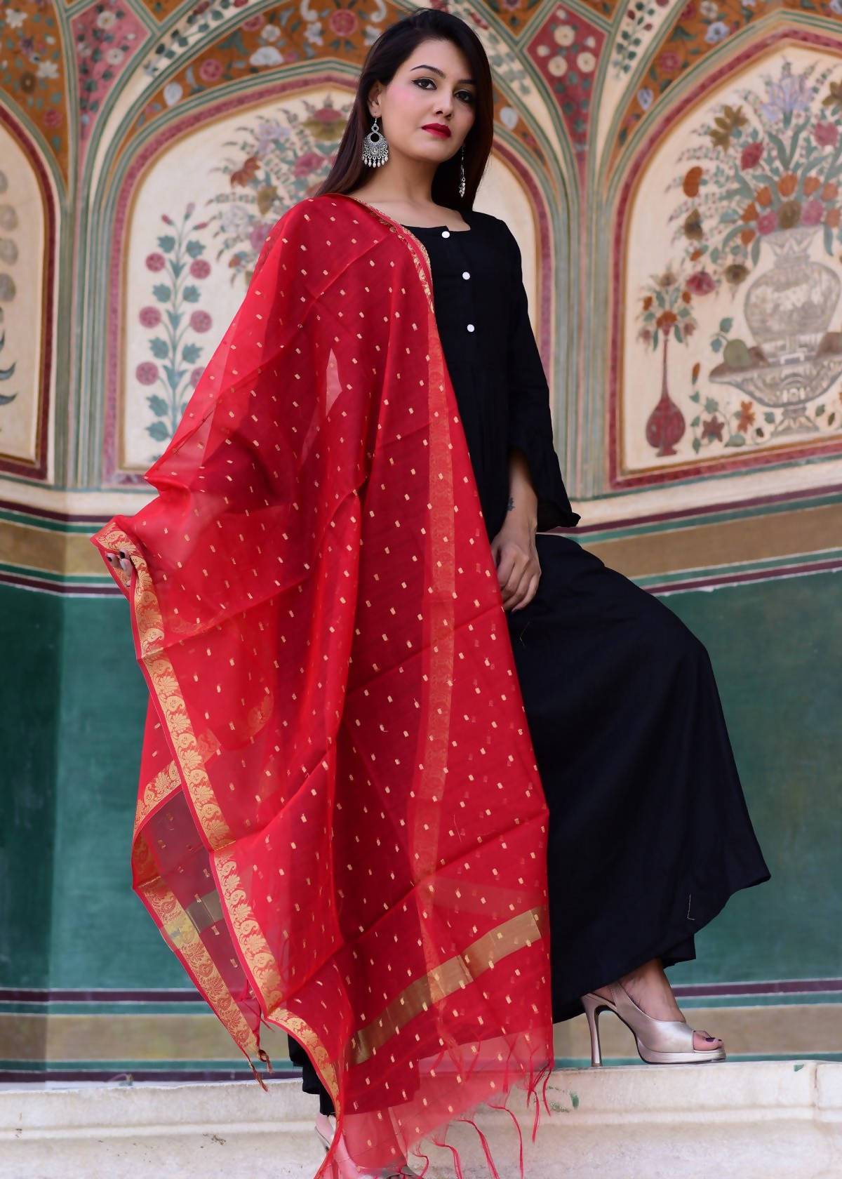 Women's Hot Black & Red Cotton Silk Gotta Suit Set - Cheera