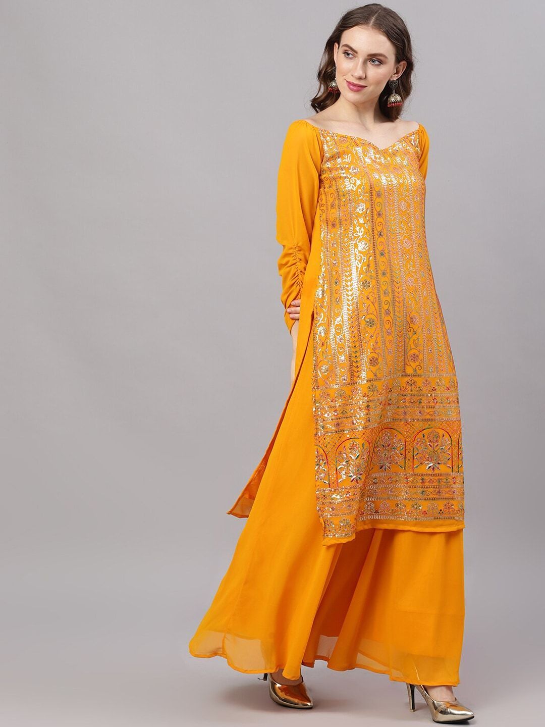 Women's  Yellow & Gold-Toned Embroidered Made To Measure Kurta with Palazzos - AKS