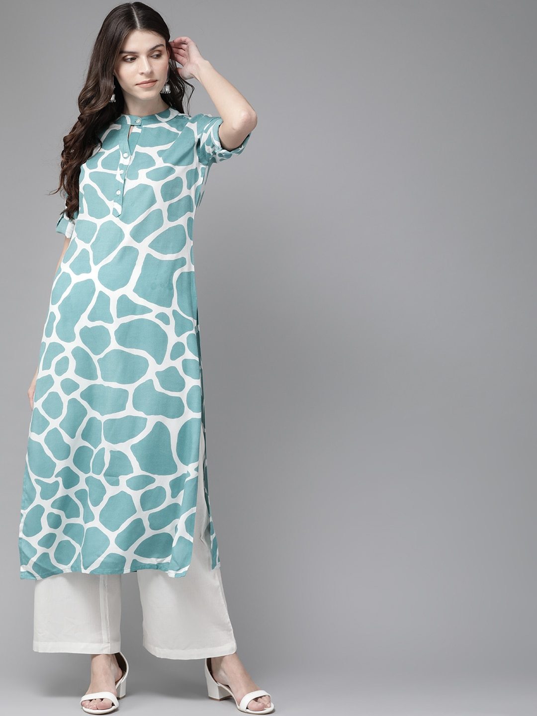 Women's  Blue & White Giraffe Print Straight Kurta - AKS