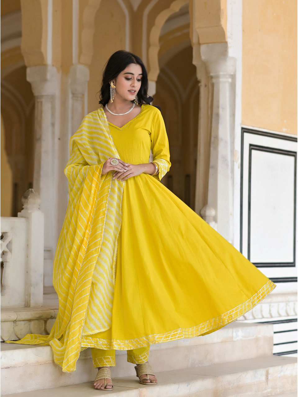 Women's Aureolin Yellow Anarkali Suit Set - Hatheli