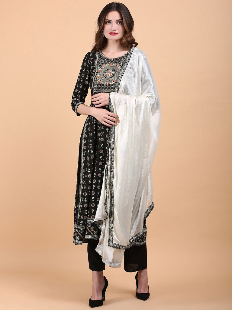 Women's Ethnic Motif Printed Thread Work High Slit Straight Kurta With Trousers & Dupatta