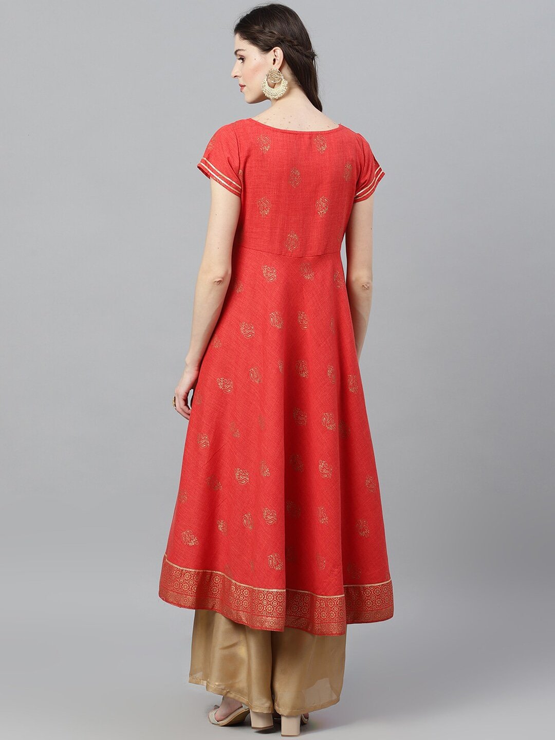 Women's  Red & Gold-Toned Woven Design Anarkali Kurta - AKS